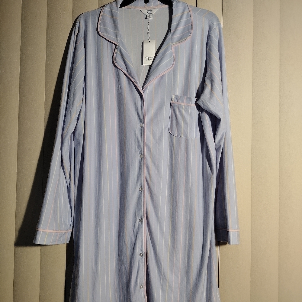 CROWN & IVY INTIMATES XL SLEEP SHIRT NIGHT GOWN NWT BLUE WITH STRIPES